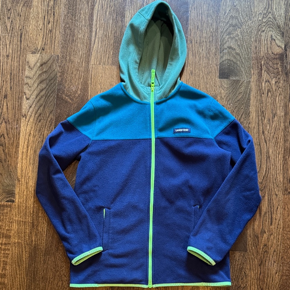 Lands' End Blue and Green Boys Fleece Jacket XL (14-16)